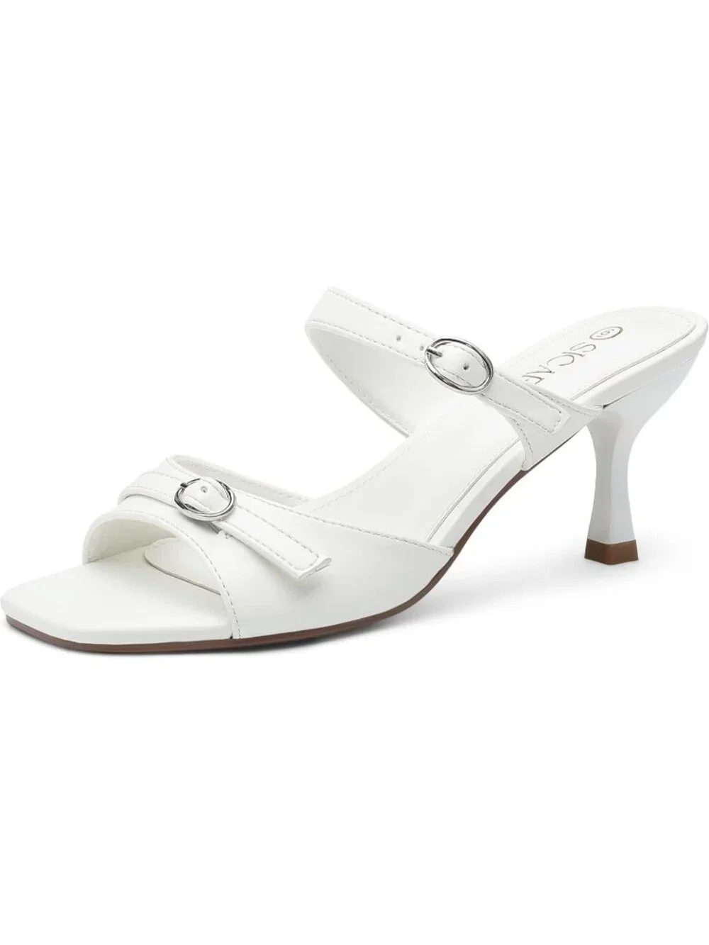 Women's White Square Open Toe Low Kitten Heel Buckle Strap Casual Comfort Sandal